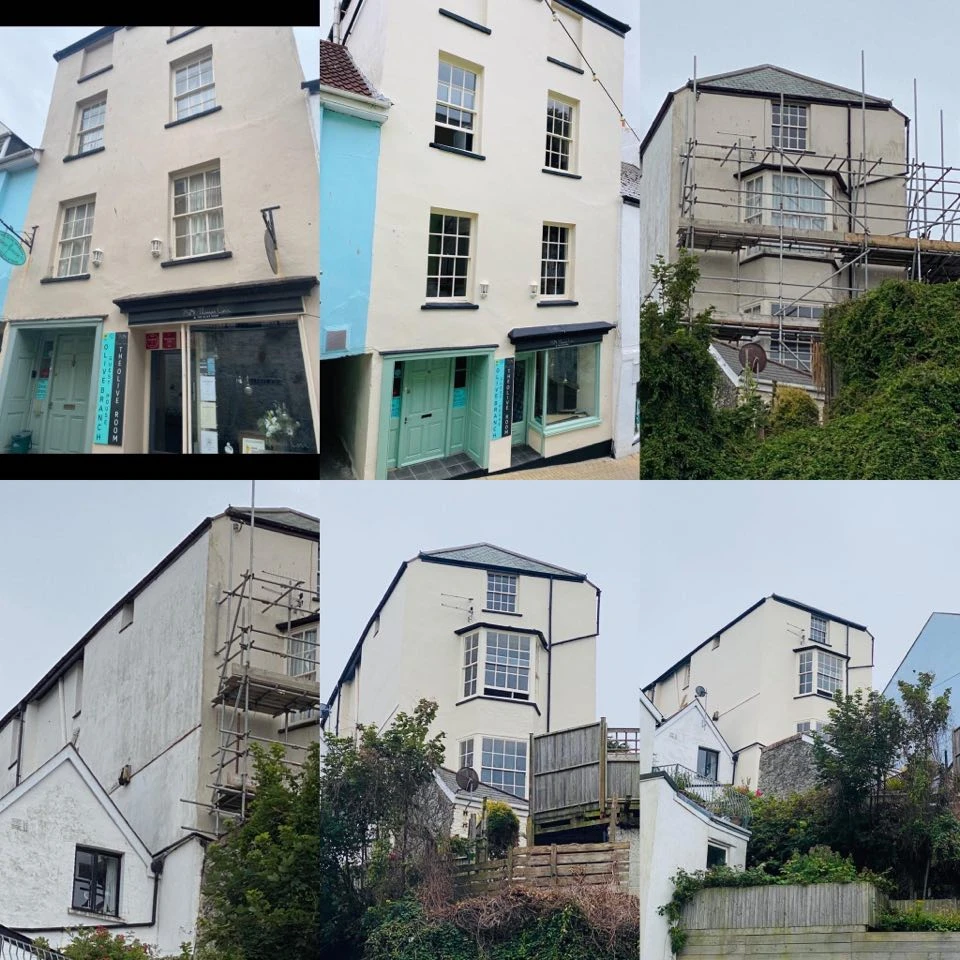 Collage of exterior building renovations showing various stages of painting and restoration work