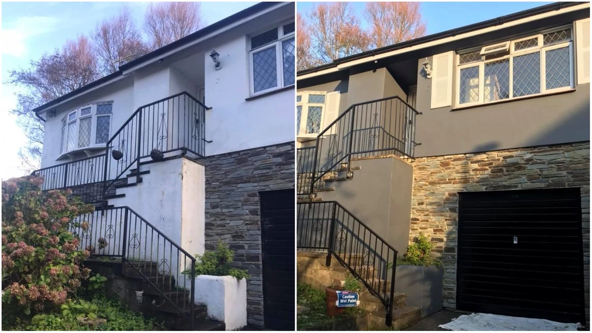 House exterior transformation - before showing weathered white paint and after showing fresh gray paint with restored stone cladding
