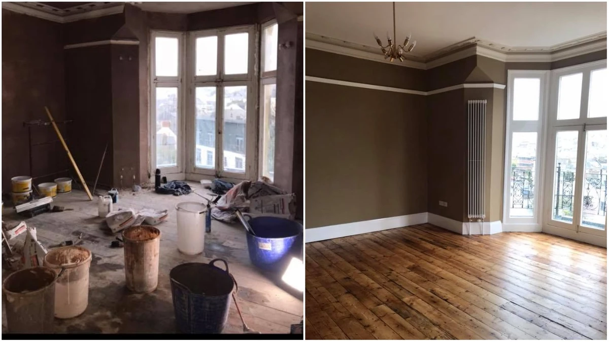 Living room transformation - before showing construction with paint buckets and after showing completed brown walls with white trim and wooden flooring