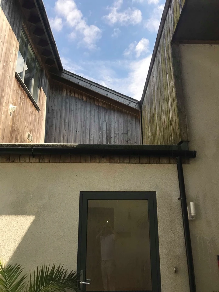 Architectural detail of The Fernery showing wooden cladding and white walls