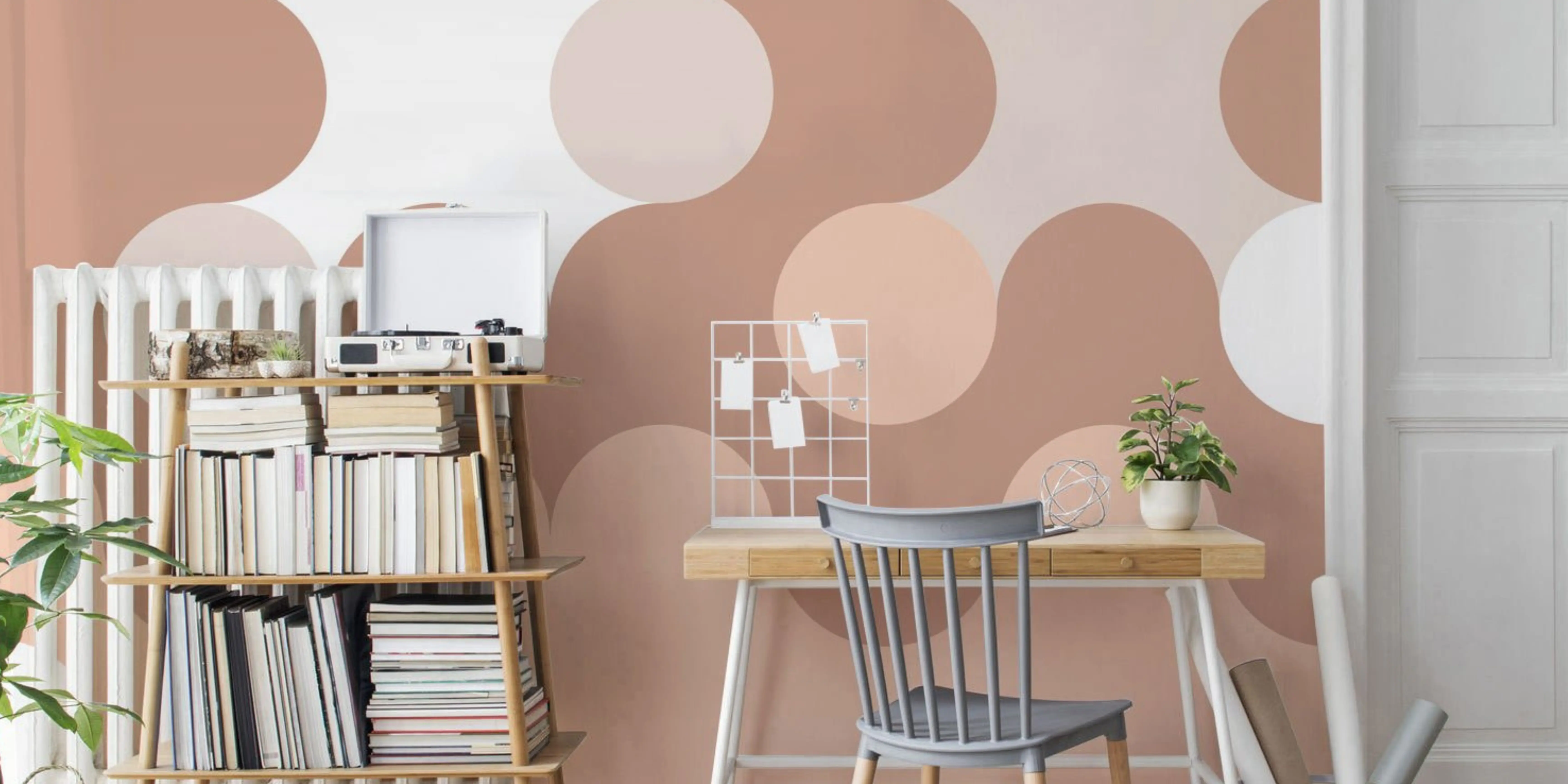 Modern room with geometric circle wallpaper feature wall